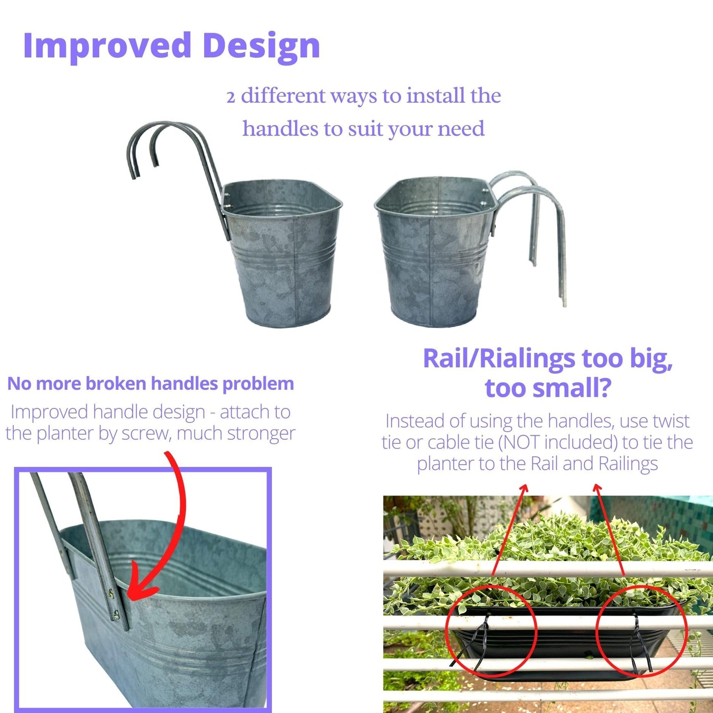LaLaGreen Outdoor Rail Planter (11.2 Inch, 6 Pack) Silver Metal Iron Hanging Flower Pots Deck Railings Fence Buckets Modern Countryside Boho Style Wall Mount Window Box Plant Holder Hooks Porch Decor
