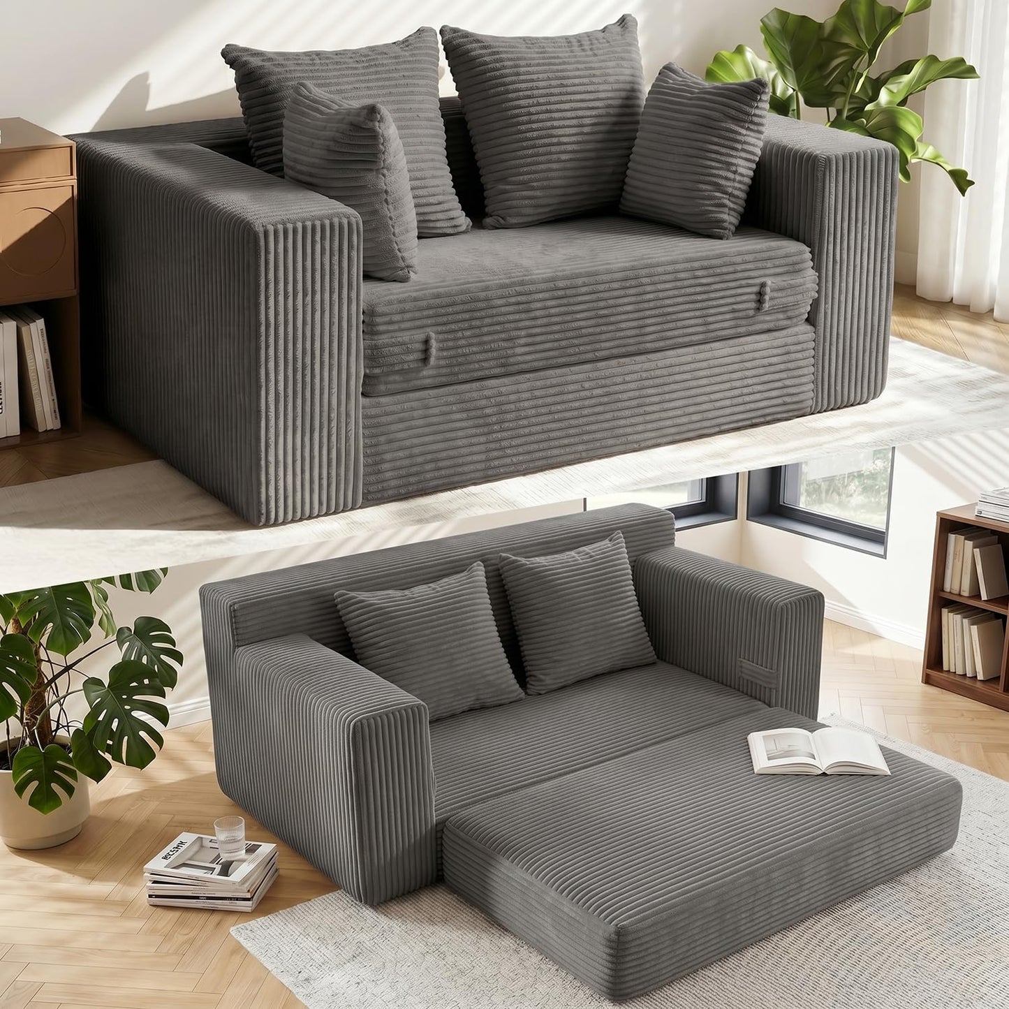 AOLVDOW Convertible 5 in 1 Futon Sofa Bed Full Size, Corduroy Boneless Couch Sleeper Sofa with 4 Pillows, Foldable Pull Out Loveseat Floor Mattress for Living Room, Apartment, Small Space & Dorm