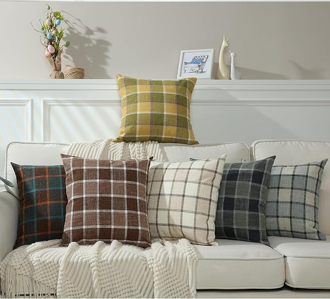Stellhome Pack of 2 Fall Linen Buffalo Check Decorative Throw Pillow Covers