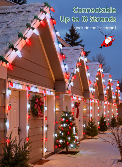 C9 LED Christmas Lights Outdoor, 99 Feet 150 LED C9 String Lights with 150 Spring Clips, Waterproof Connectable Christmas Tree Lights for Outside Roofline Patio Home Xmas Decor, Red & Pure White