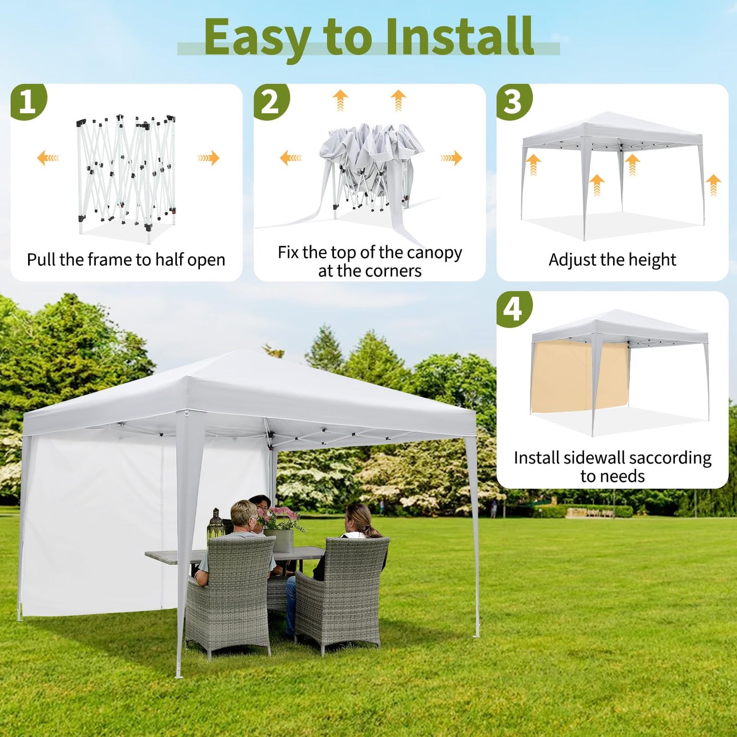 10x10 Pop Up Canopy with 4 Sidewalls, Outdoor Portable Instant Canopy Tent, Waterproof Pop Up Tent, Versatile Gazebo for Camping, Outdoor Parties, Backyard,Beach Activities,White