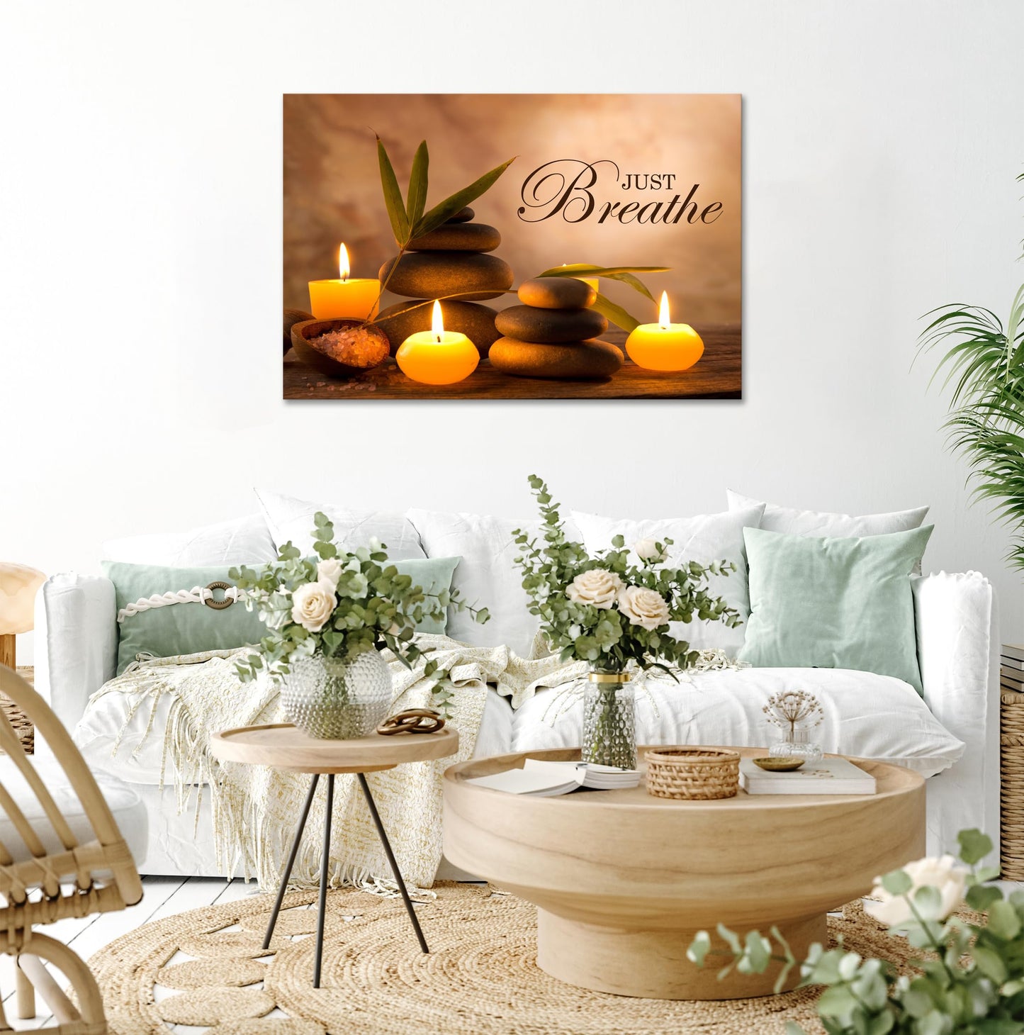 YIOZHAOFH Zen Wall Decor Just Breathe Motivational Bathroom Wall Art Yoga Room Poster for Women Spa Picture Painting Spiritual Artwork Framed for Living Room Ready to Hang (20L x 30W)