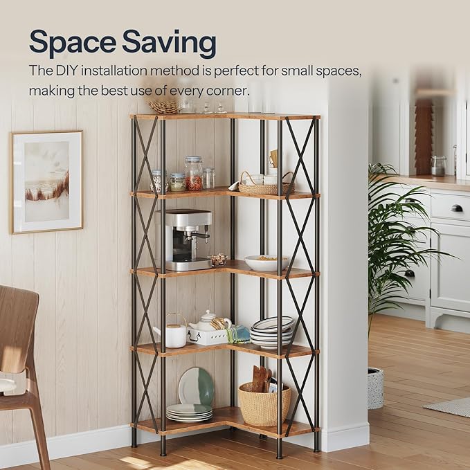 HOOBRO Corner Bookshelf, 5-Tier L-Shaped Bookcase, Industrial Open Display