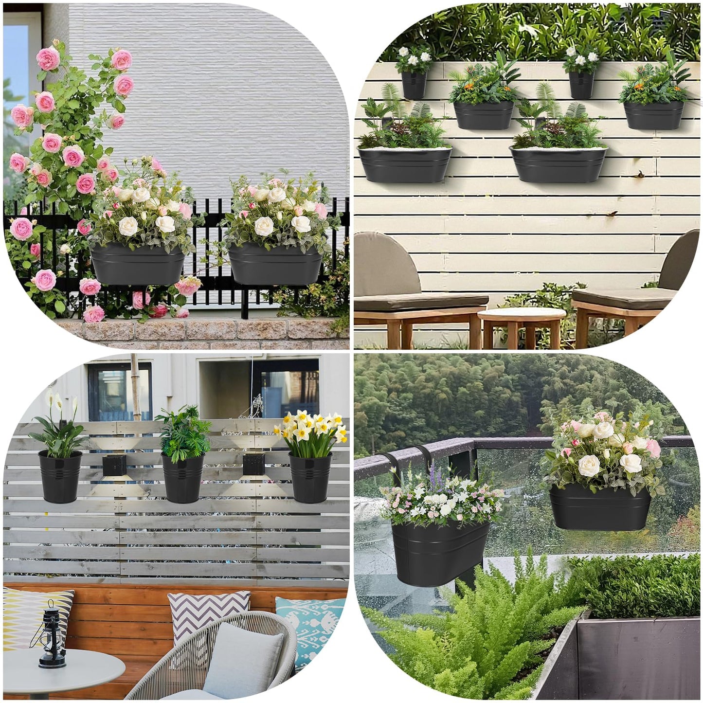 3 Different Size Metal Iron Hanging Flower Pots 10 Pcs for Outdoor Plants Metal Hanging Bucket Pots Iron Railing Fence Planter with Drainage Holes and Hooks for Porch Railing Balcony Fence (Black)