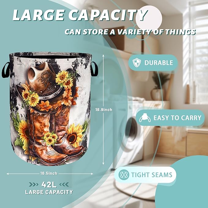 Retro Cows Laundry Basket Western Cowboy Foldable Funny Laundry Hamper Oxford