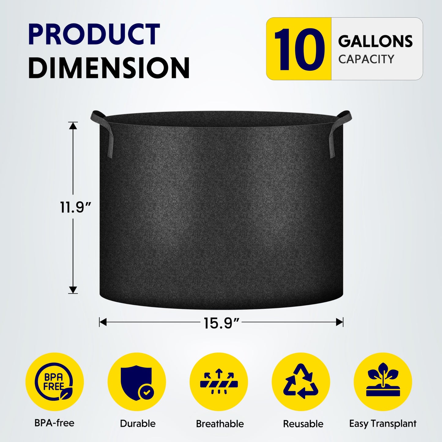 iPower 10-Pack 10-Gallon Grow Bags Nonwoven Fabric Pots Aeration Container with Strap Handles for Garden and Planting, 10 Gallon, Black