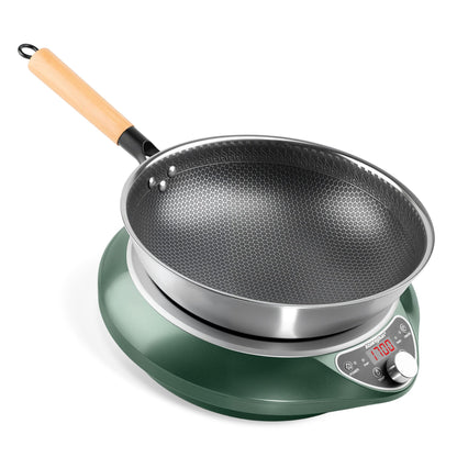 Abangdun 1700W 120V Concave Induction Wok Cooktop with Stainless Steel Wok, Non-Pulse Continuous Heating, 16 Power Levels, Portable Countertop Burner for Round-Bottom Woks & Stir-Fry Cooking
