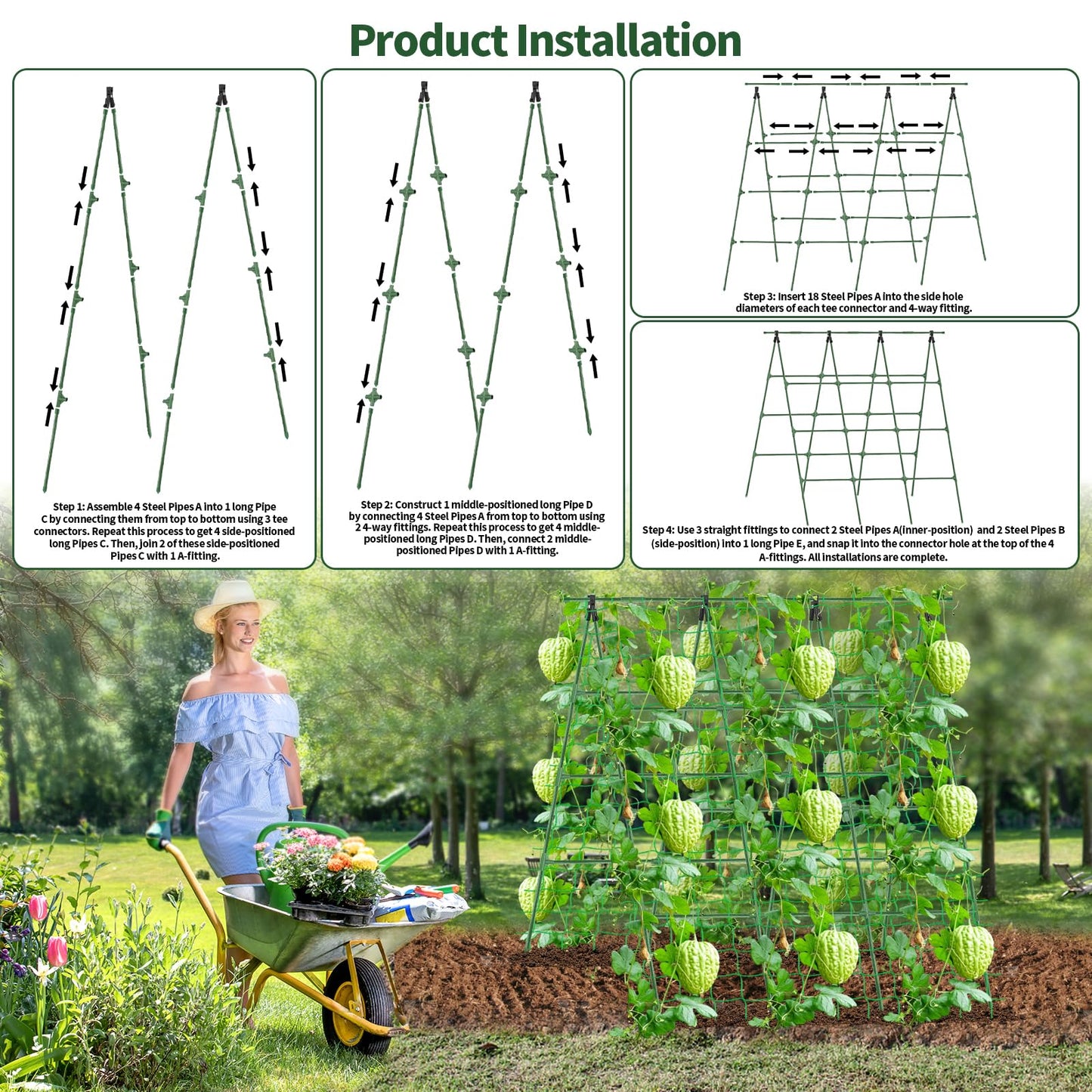 A-Frame Cucumber Trellis for Raised Bed - 63”H x 47”W, Heavy-Duty Detachable Garden Trellis with Netting & Clips, Support for Climbing Outdoor Cucumber, Tomatoes, Luffa, Bitter Melon, Vining Flowers