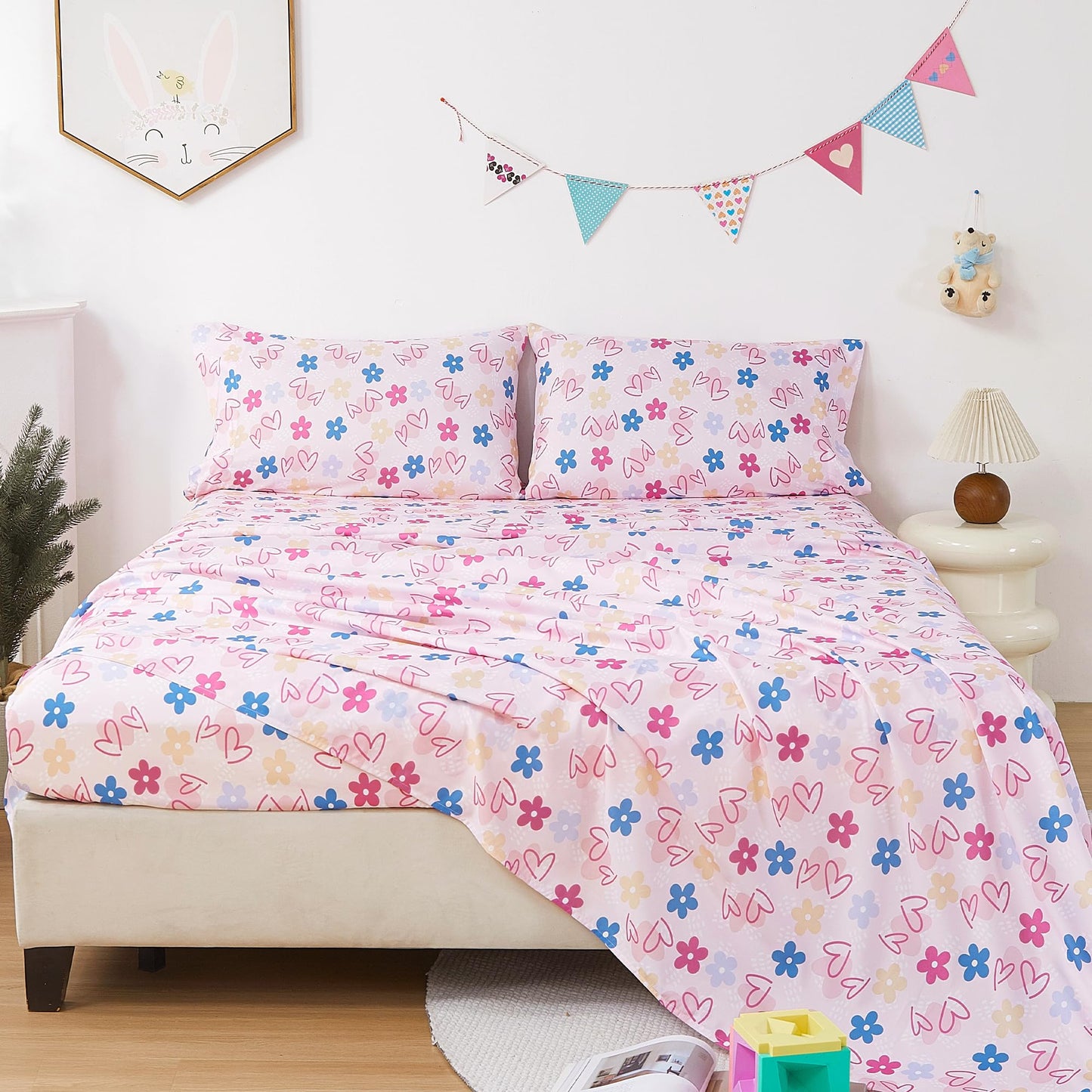 CozySmile Twin Sheet Set Kids,3 Pieces Breathable Soft Microfiber Bedsheets for Child Girls, Oeko-TEX, Anti Pilling Deep Pockets Easy Care Bed Sheets, Heart