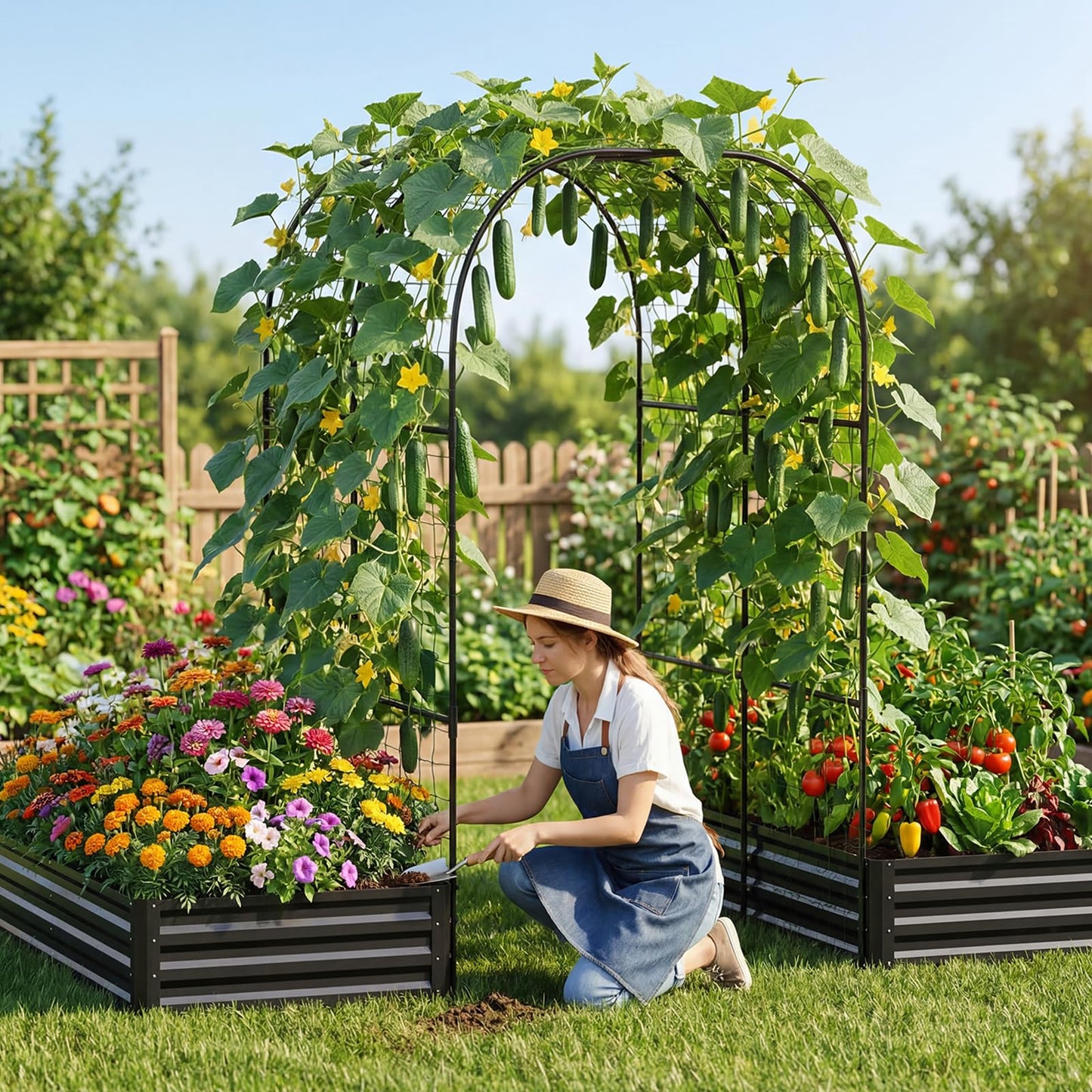 DoCred 3 in 1 Raised Garden Bed with 87in Tall Arch Trellis for Climbing Plants, Galvanized Planter Garden Box Outdoor for Gardening, Climbing Vegetables, Flower, Black