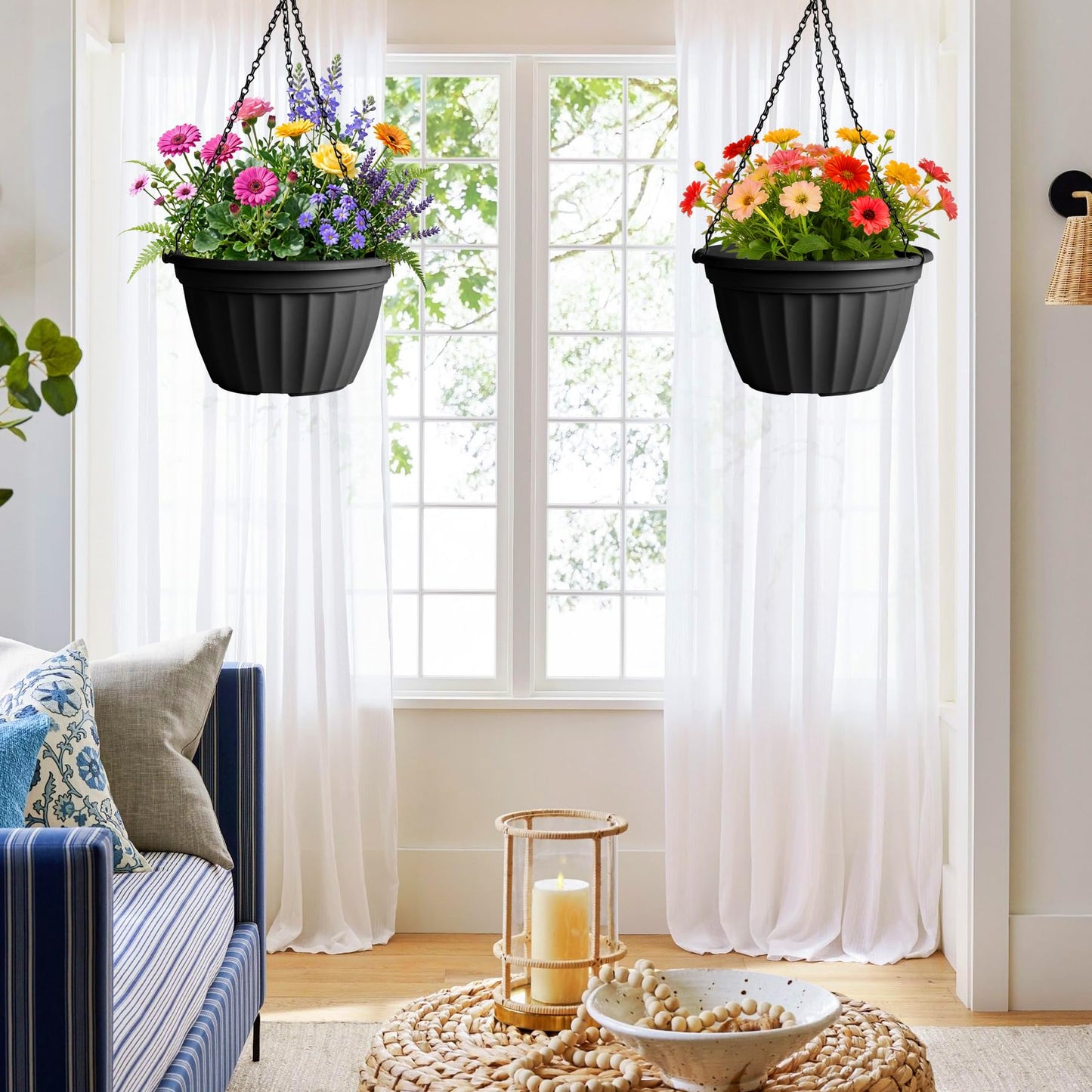 FGstyle 6 Pack Hanging Planters 8 Inch,Self Watering Pots for Indoor Plants,Plastic Hanging Basket with Soil Elevator and 20" Chain for Home Garden Porch Balcony Patio Decor(Black)