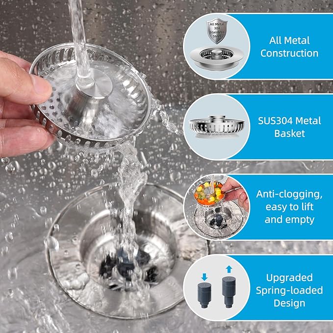 Hibbent All Metal Stainless Steel 3 in 1 Kitchen Sink Drain Strainer, Upgraded