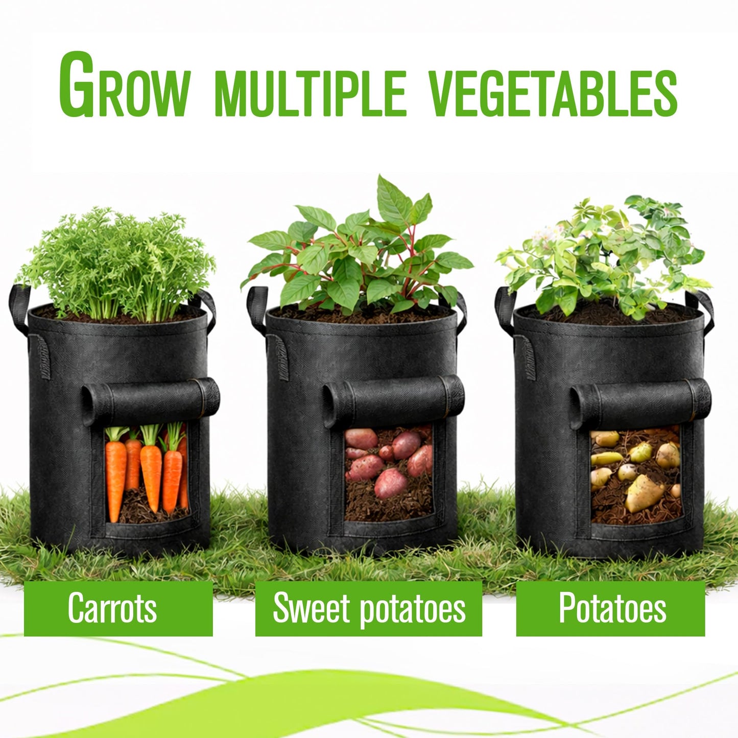 SunVara 10 Gallon Grow Bags, 5 Pack - Breathable Fabric Plant Pots with Handles & Harvest Window for Potatoes, Tomatoes, Vegetables