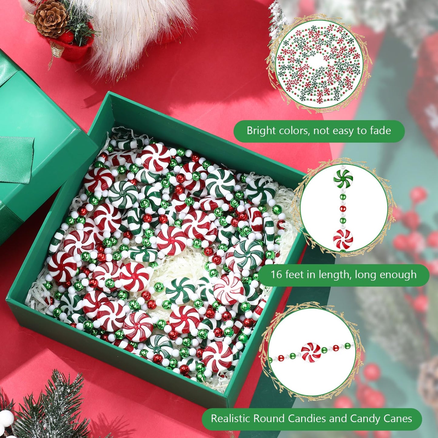 LCPQMZGH 16 feet Christmas Candy Garland Acrylic Peppermint Candy Christmas Tree Garland for Holiday Party Decorations