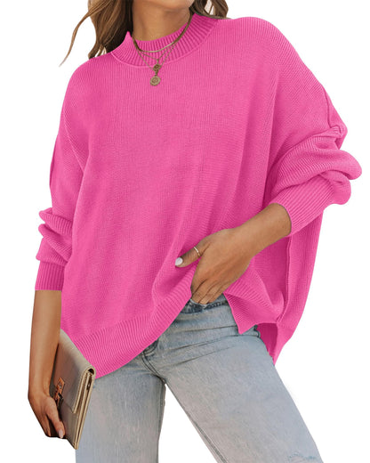ZESICA Women's Fall 2025 Casual Long Sleeve Crew Neck Side Slit Oversized Ribbed Knit Pullover Sweater Tops