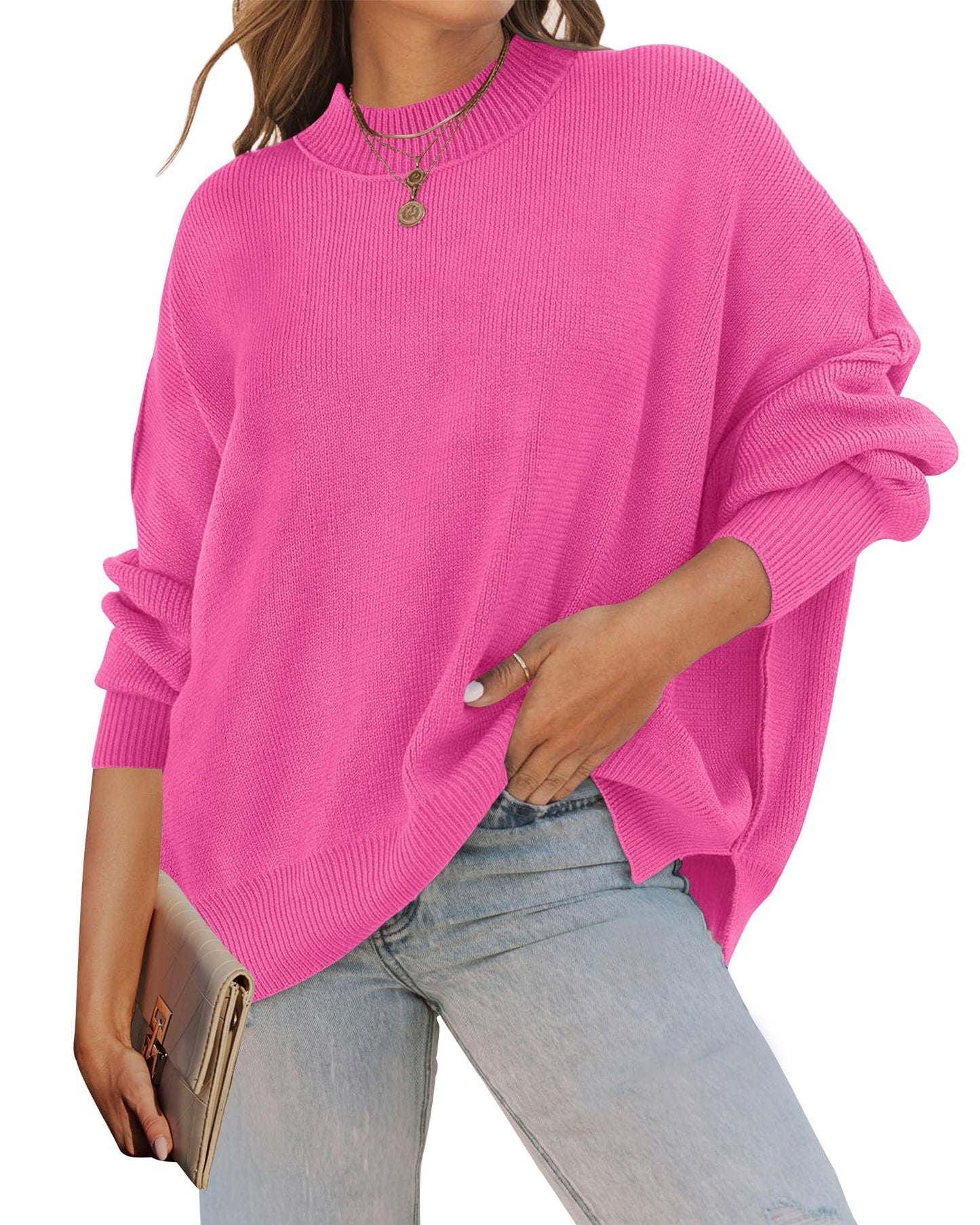 ZESICA Women's Fall 2025 Casual Long Sleeve Crew Neck Side Slit Oversized Ribbed Knit Pullover Sweater Tops