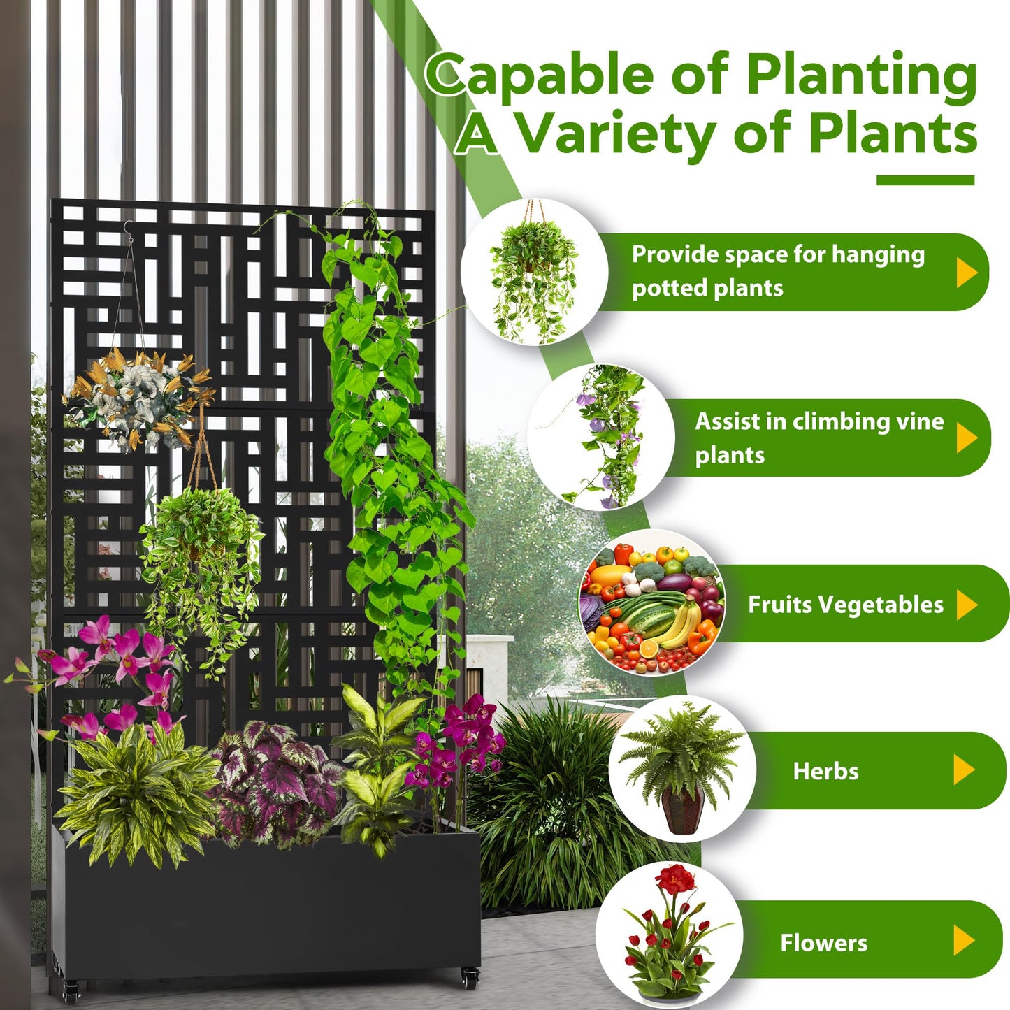 SERdeerCH Metal Planter Box with Trellis,71”Raised Garden Bed with Trellis Privacy Screen and Drainage.Wheeled for Patio Flexibility,for Climbing Veggies/Flowers.DIY-Friendly Design