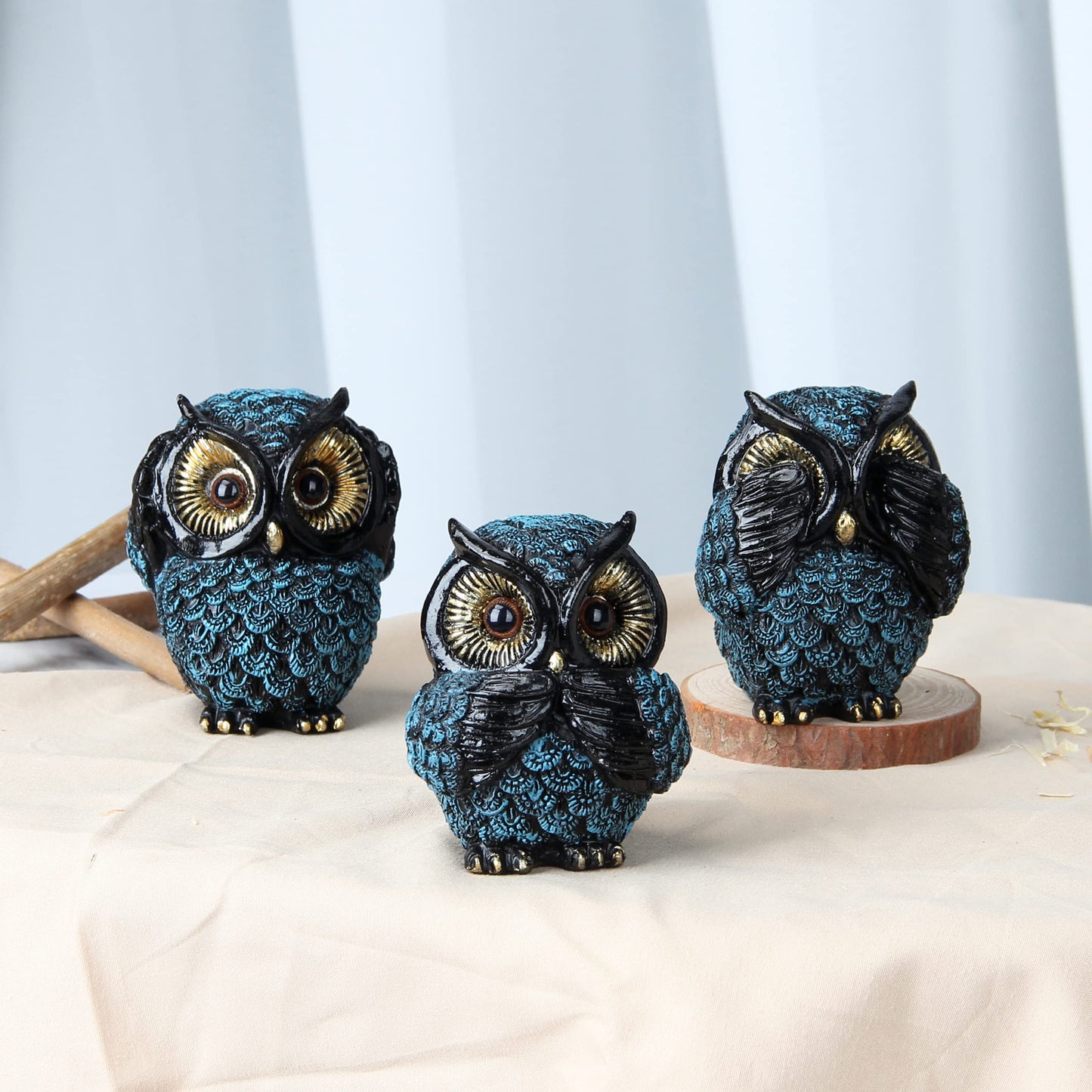 Owl figurine and sculptures for shelf decor accents,3 wise Owl statue for living room bedroom decoration,Retro animal decor,boho gift for women bird lover,see no evil hear no evil speak no evil