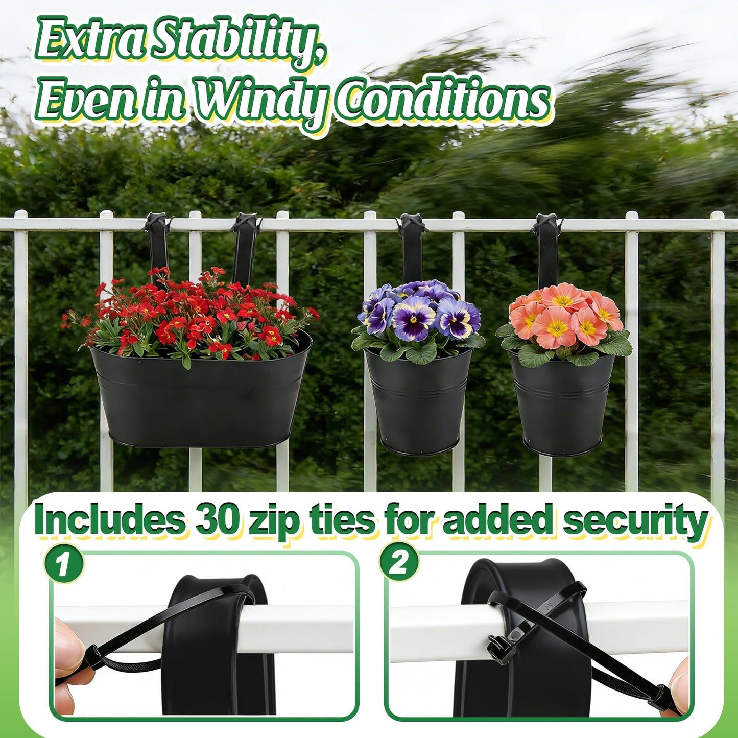MADHOLLY 6Pcs Railing Planter with Drainage - 10.8" & 5.1" Bucket Pots for Balcony Railing, Metal Iron Hanging Flower Pots for Herb Planter Outdoor Deck & Rail Decor with Hook, Black
