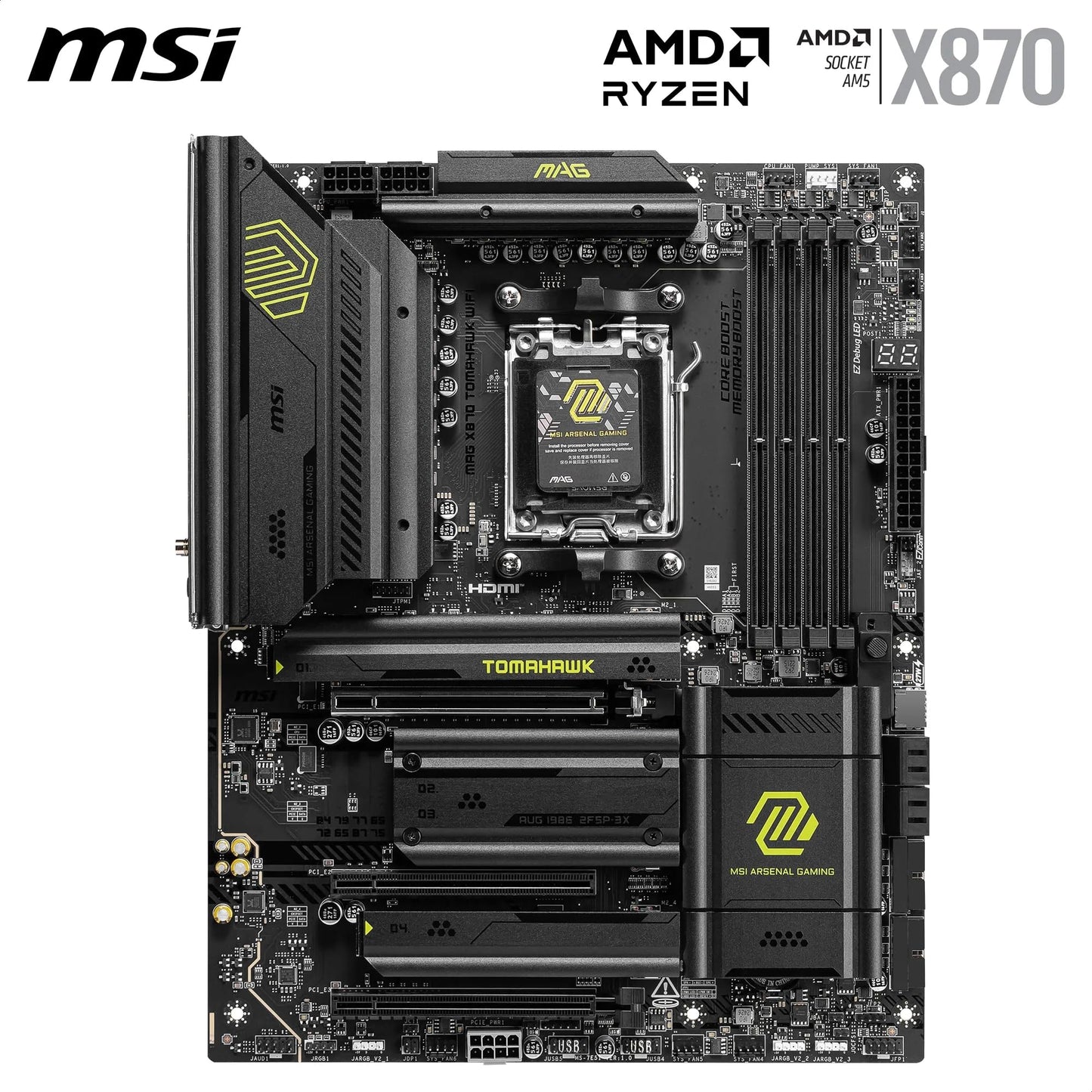MSI MAG X870 TOMAHAWK WIFI Motherboard, ATX - Supports AMD Ryzen 9000 / 8000 / 7000 Processors, AM5 - 80A SPS VRM, DDR5 Memory Boost 8400+MT/s (OC), PCIe 5.0 x16 & 4.0 x16, M.2 Gen5, Wi-Fi 7, 5G LAN