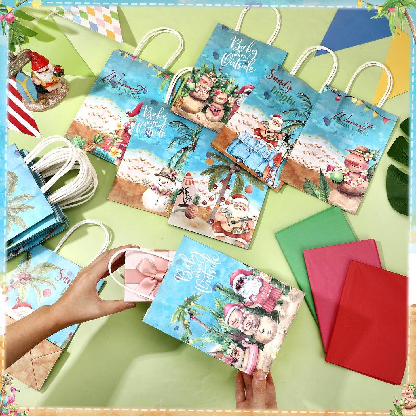 Sinload 24 Sets Summer Christmas Party Gift Bags with Tissue Paper Xmas in July Santa Tropical Goodie Bags with Handle Christmas Treat Tote Hawaiian Flamingo for Beach Pool Birthday Party Decoration