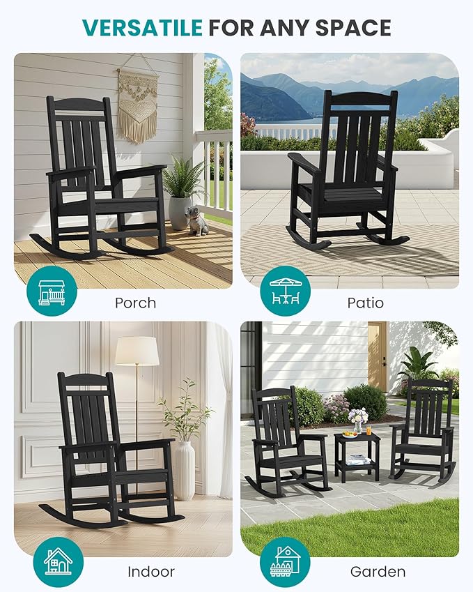 SERWALL Oversized Outdoor Rocking Chair, All-Weather Patio Rocking Chair, HDPE Porch Rocker for Adults, Black