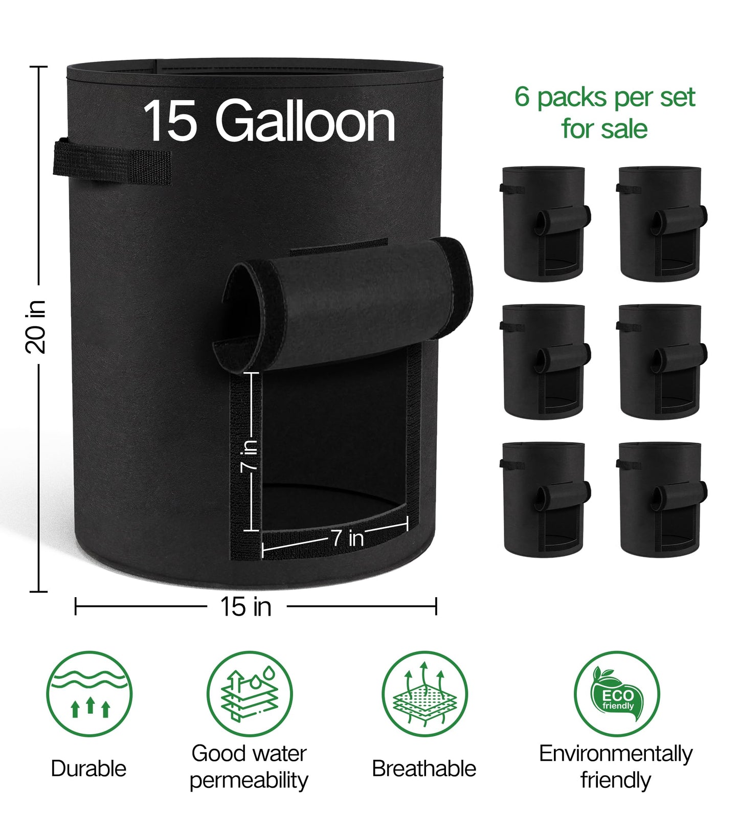 Moyios 6-Pack 15 Gallon Potato Grow Bags – Durable Nonwoven Fabric Planters with Reinforced Handles | Reusable Garden Containers for Potatoes, Vegetables (Black, 15 Gallons/6 Pack)