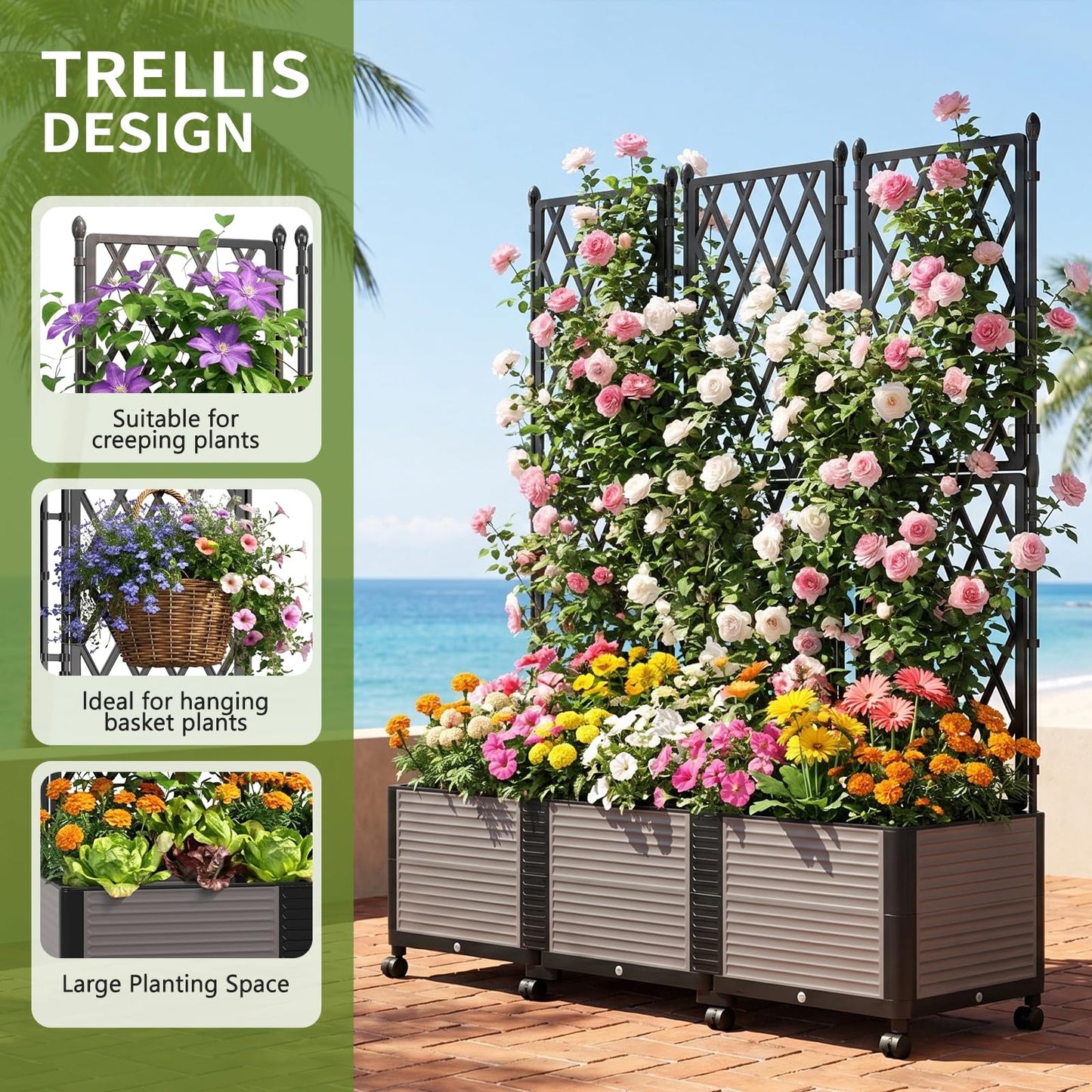 UrGROWA Raised Garden Bed Planter Box with Trellis, 63''H Tomato Planters for Climbing Plants Vegetable Vine Flowers Outdoor Patio Tomato Cage, Self Watering Planter with Wheels