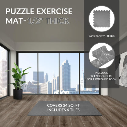 Fitvids Puzzle Exercise Gym Flooring Mat, 1/2" Thick High-Density EVA Interlocking Tiles Workout Mat for Home Gym, Fitness Equipment, MMA, Gymnastics, 6-Piece Shock-Absorbing Exercise Mat (24 Sq Ft)