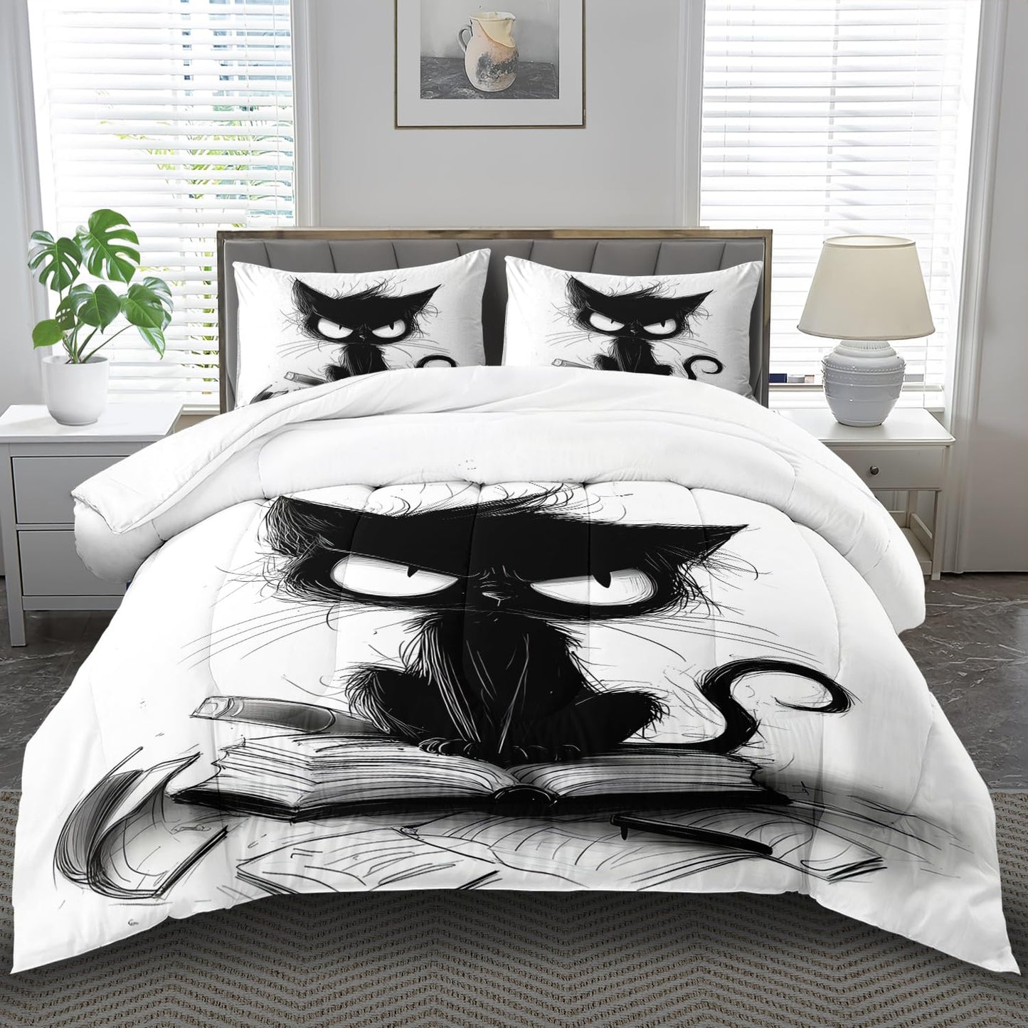 llyxsesty Cute Black Cat Comforter Set Full Size Cute Pet Bedding Set Boys Girls White and Black Comforter Cartoon Cat Quilt Animal Bedroom Decor Kawaii Animal Print Bedding Boys Kids