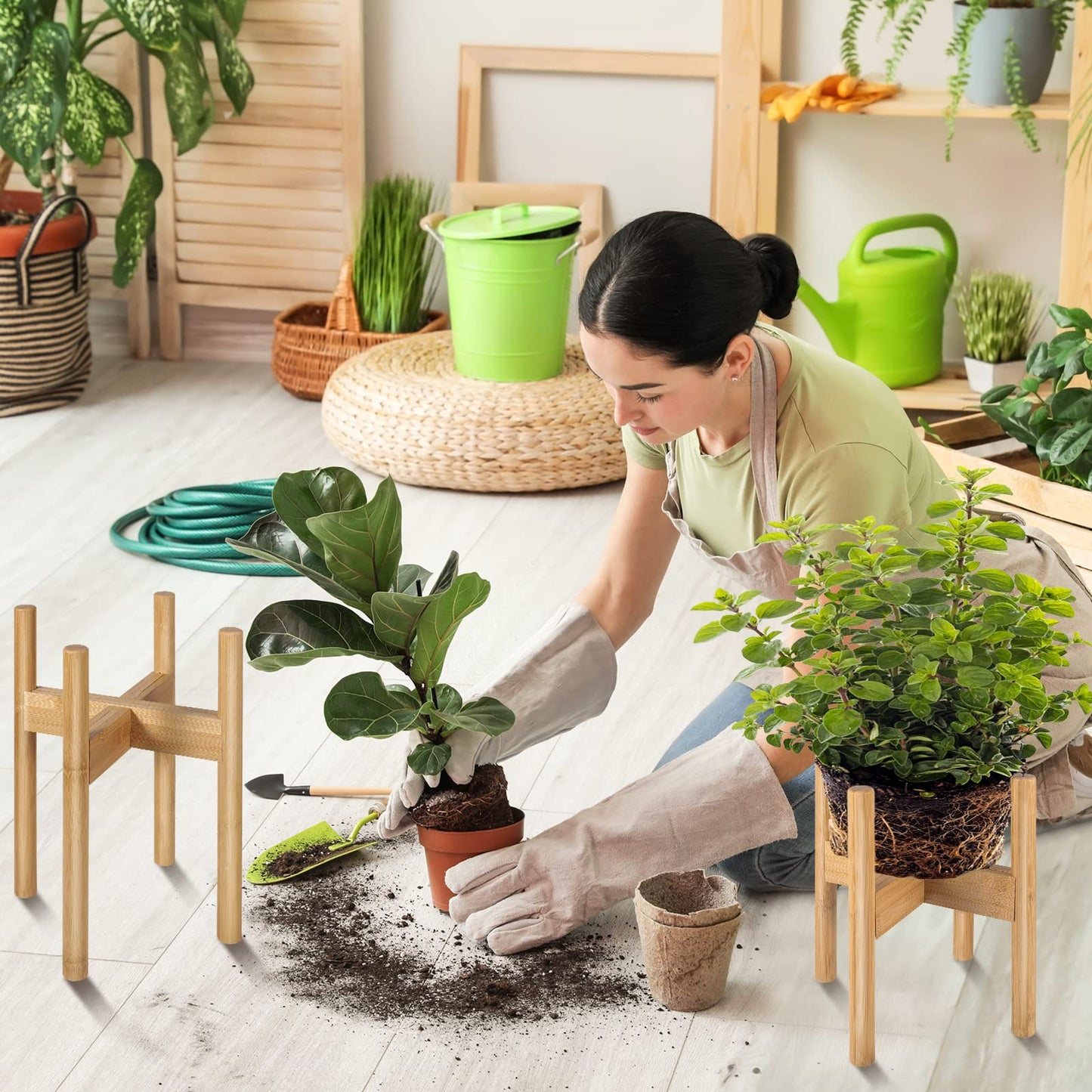 BESHOF 2 Pack Bamboo Plant Stands, Adjustable Plant Stand Indoor, Mid Century Modern Plant Stand, Plant Holder for Living Room, Balcony Fits 8 to 12 Inches Pots (Beige)
