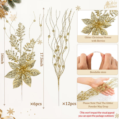 N&T NIETING 18Pack Christmas Tree Decorations Picks and Sprays, Artificial Flowers Glitter Berry Stems Twigs Branches Ornaments for Xmas Tree Vase Filler Holiday Wedding Party Home Decor (Gold)