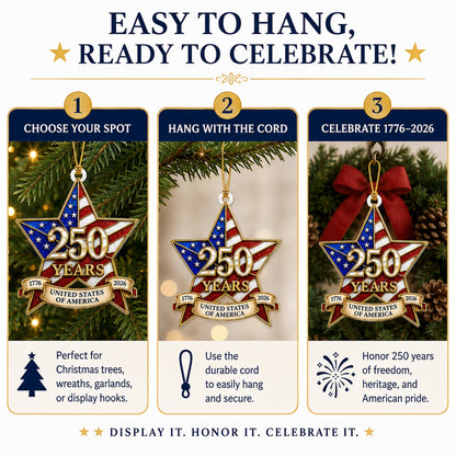 250th Anniversary USA Ornament 1776-2026, Patriotic Acrylic Star Ornament, Double Sided USA 250th Anniversary Merchandise, Patriotic Decoration for 4th of July, Independence Day