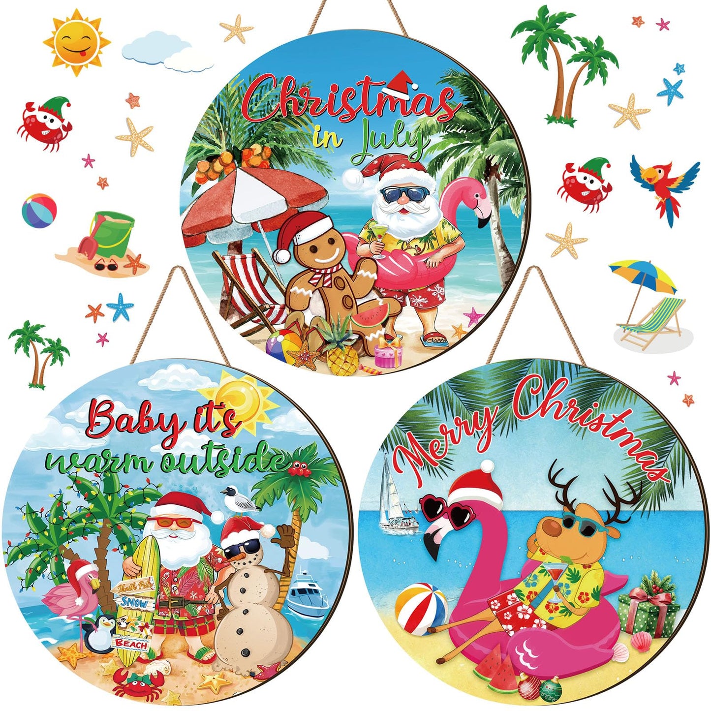 Blosssound 3 Pcs July in Christmas Decorations Summer Front Door Sign with Flaming Santa Beach Snowman Hawaiian Wooden Hanger Door Sign for Farmhouse Home Summer Xmas Decor Supplies