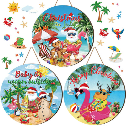 Blosssound 3 Pcs July in Christmas Decorations Summer Front Door Sign with Flaming Santa Beach Snowman Hawaiian Wooden Hanger Door Sign for Farmhouse Home Summer Xmas Decor Supplies