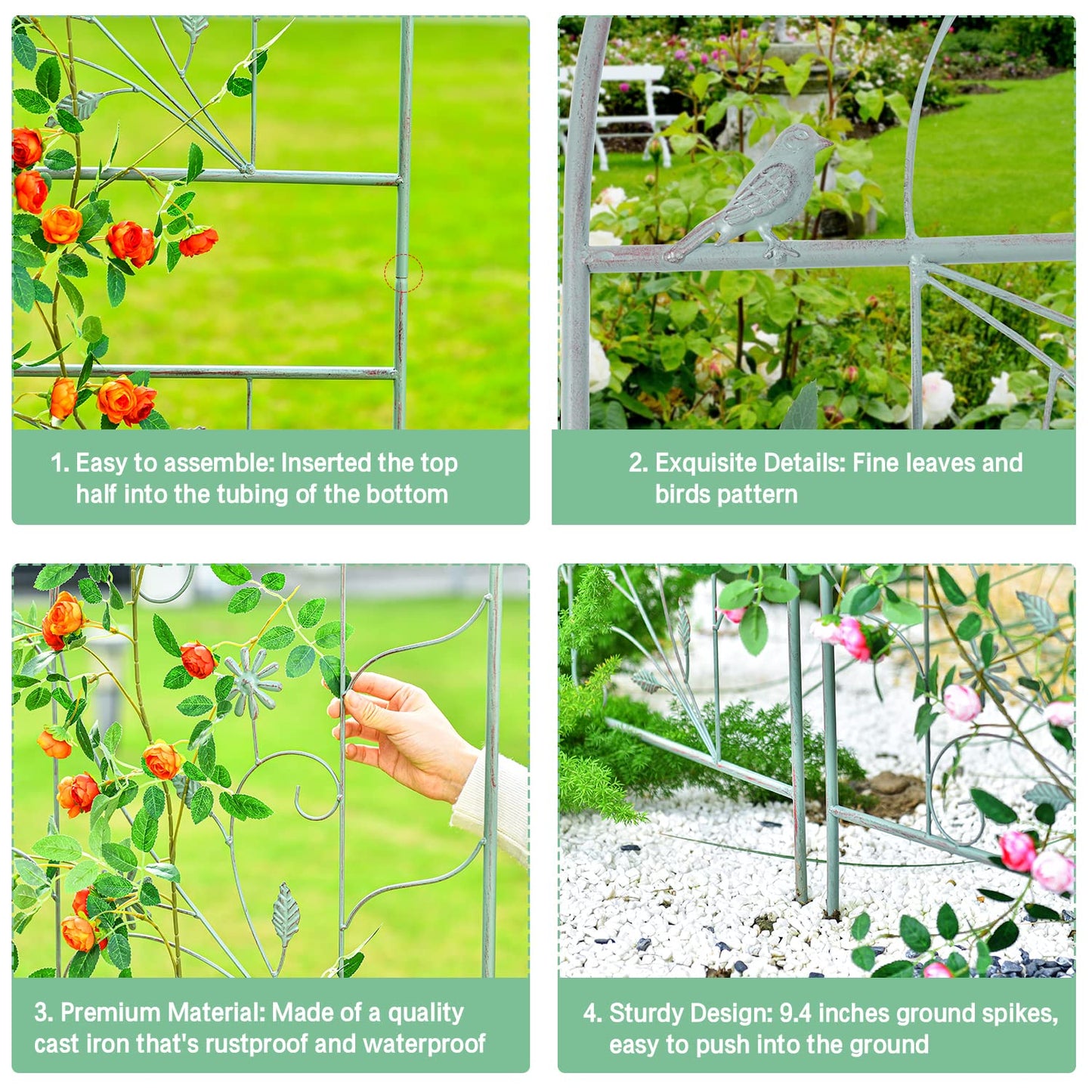 Sungmor Large Metal Garden Trellises for Climbing Plants - 82.5 Inch Tall & 2PC Green Pack - Beautiful Retro Style Metal Fence Trellis - Gardening Vines Plant Support for Flower Rose Climbing