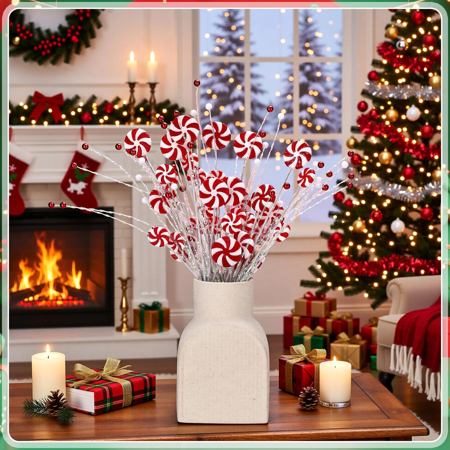 Suncalla 6 Pcs Candy Cane Christmas Tree Picks Red White Artificial Decoration Flower Vase Filler Ornament Christmas Tree Picks for Table Centerpiece DIY Home Wreath Decor