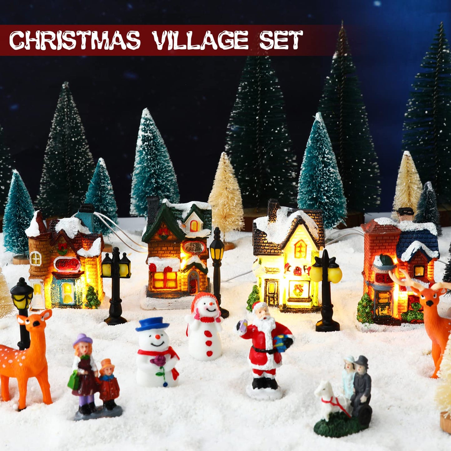 Gerrii 31 Pcs Christmas Village Figurines Decoration Set Lighted LED Christmas Village Houses with Figurines Snow Blanket Roll for Xmas Town Scene Desk Battery Operated Landscape Decor(Santa)