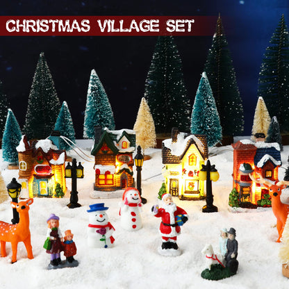 Gerrii 31 Pcs Christmas Village Figurines Decoration Set Lighted LED Christmas Village Houses with Figurines Snow Blanket Roll for Xmas Town Scene Desk Battery Operated Landscape Decor(Santa)