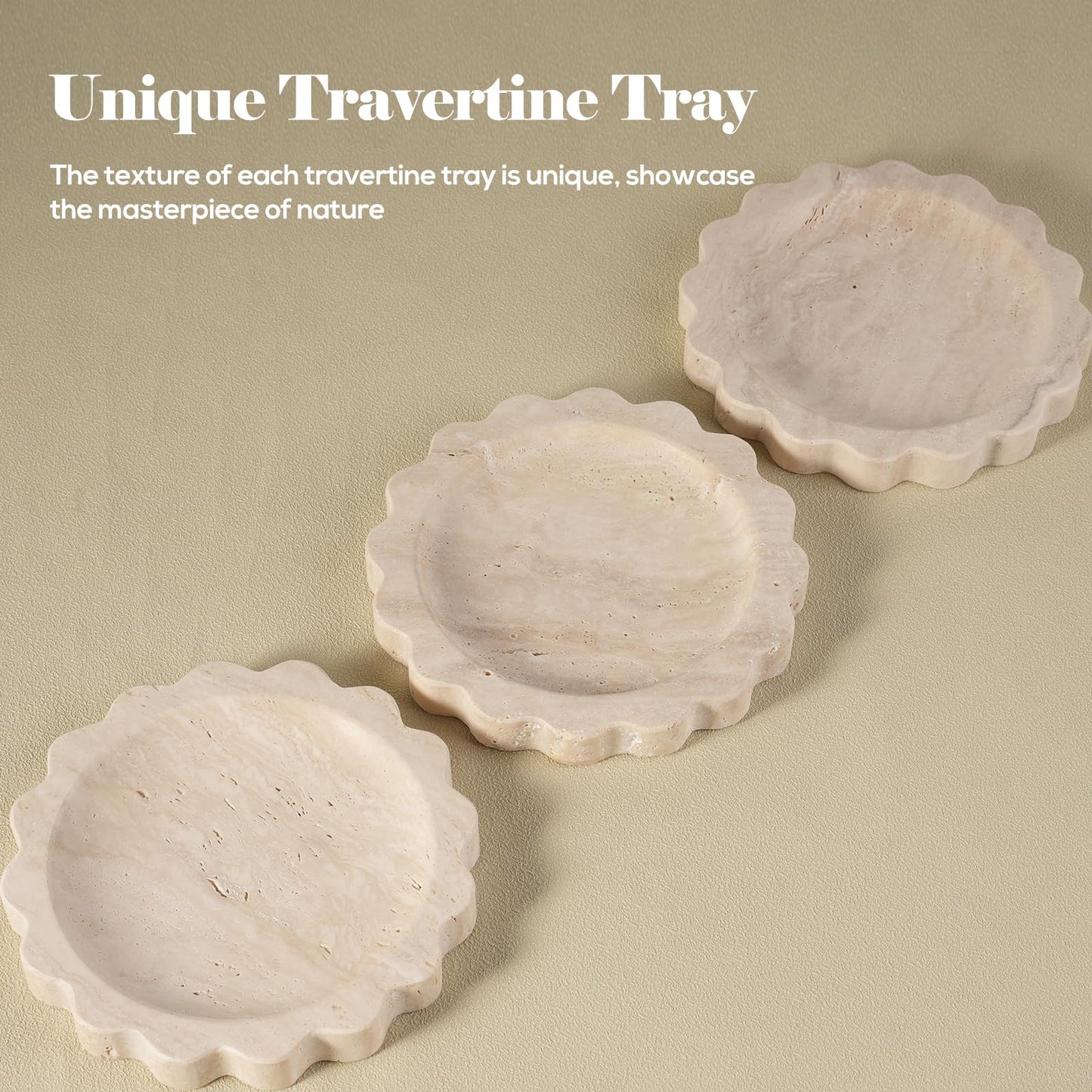 Koville 5.51" Travertine Tray, Natural Stone Trinket Dish for Ring Perfume, Round Scalloped Decorative Tray for Bathroom Vanity Dresser Countertop, Home Table Decor