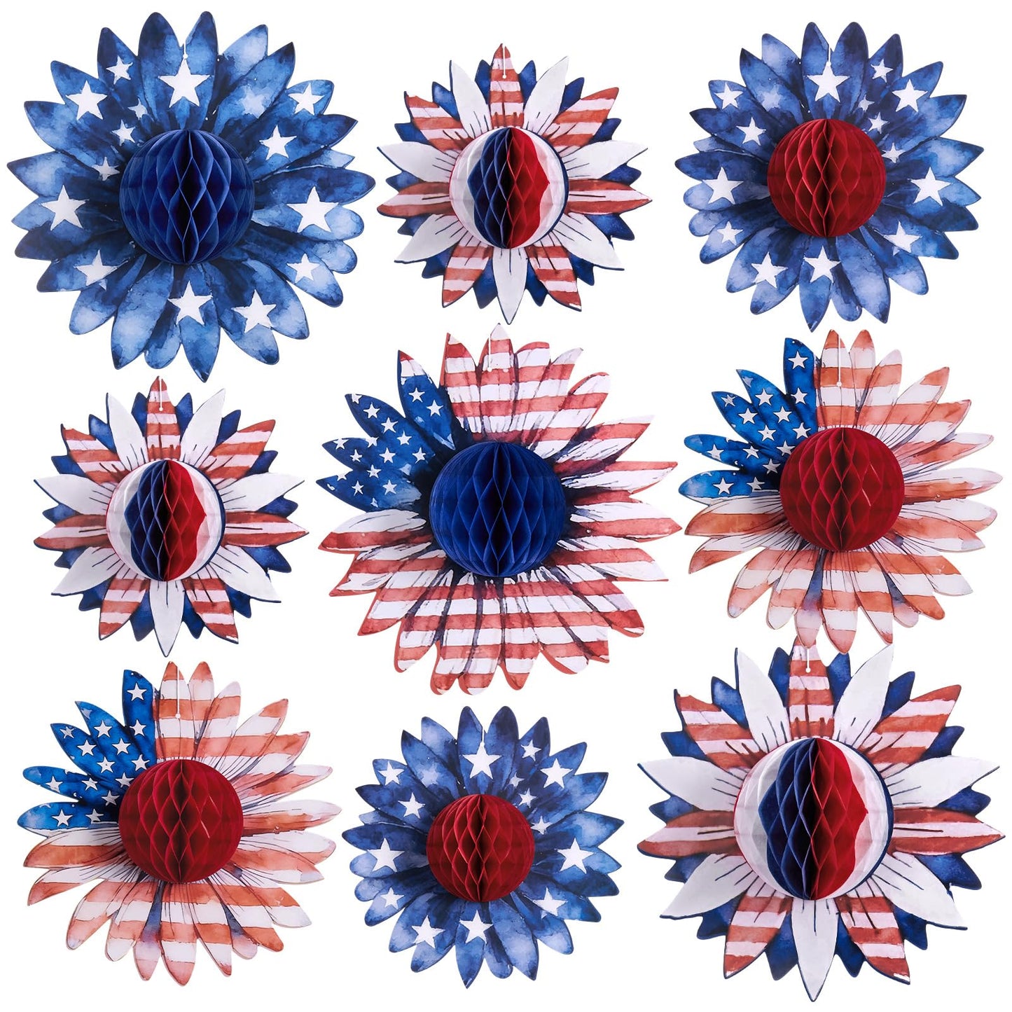 Paper Jazz 4th of July Decorations Paper Flower American Flag Red White and Blue Decor for Presidents Day,Patriotic Decoration Haning Paper Honeycomb for Veterans Day, Independence Day Birthday Party