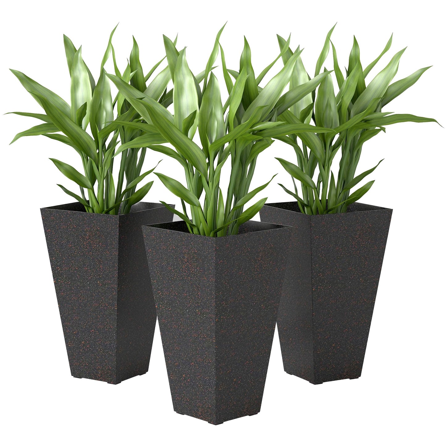 Outsunny 28 Inch Tall Planters for Outdoor Plants, Set of 3 Plastic Flower Pots with Marble Finish and Drainage Holes, Stackable Tapered Large Planters for Indoor Plants, Front Porch Decor, Brown