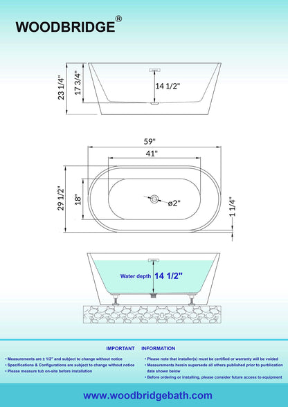 WOODBRIDGE 59"Freestanding White Acylic Soaking Bathtub with Drain Kit and Floor Mount Tub Filler in ORB,BTA1514 -ORB-Drain &O+F0010ORBRD