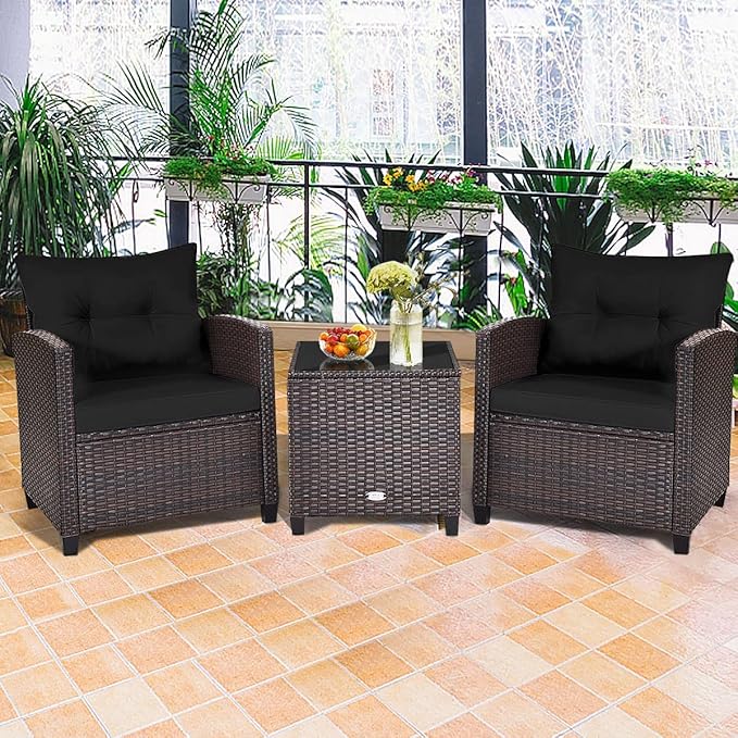 HAPPYGRILL 3 Pieces Patio Conversation Set, Outdoor Furniture Set PE Rattan