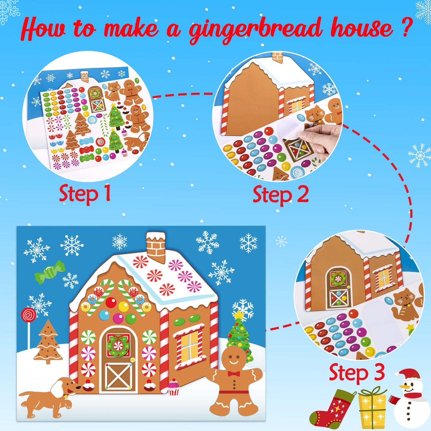 38PCS Make-a-Gingerbread House Stickers for Kids - Christmas Party Game/Craft/Activity/Favor/Supplies - 19 Finished Products