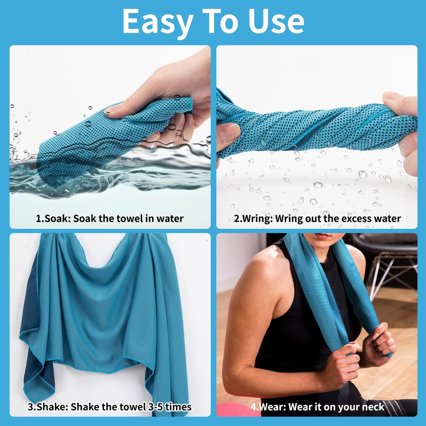 YESLIFE 4 Pack Cooling Towel 40"x12", Gym Towels for Men and Women, Soft Breathable Workout Towels for Yoga, Running, Sport, & More (Black, Dark Blue, Blue, Grey)