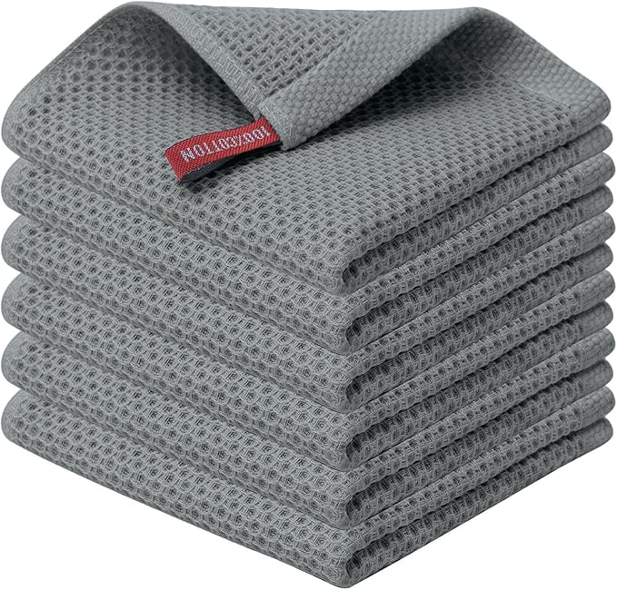Kitinjoy 100% Cotton Kitchen Dish Cloths, 6 Pack Waffle Weave Ultra Soft