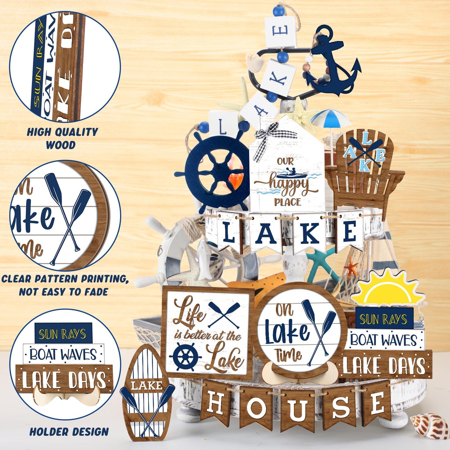 Mifoci 19 Pcs Summer Lake Tiered Tray Decor Set Farmhouse Wood Summer Ocean Boat Anchor Table Decorations Tabletop Rustic Wooden Table Signs for Home Kitchen Decoration