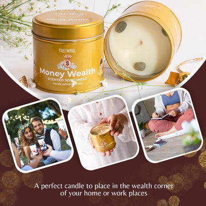 Money Wealth - Crystal Candles for Home Scented - Pack of 3 x 5oz Soy Wax Natural Clean Organic Non Toxic with Essential Oils - for Cash Luck Manifestation - Long Lasting Candel