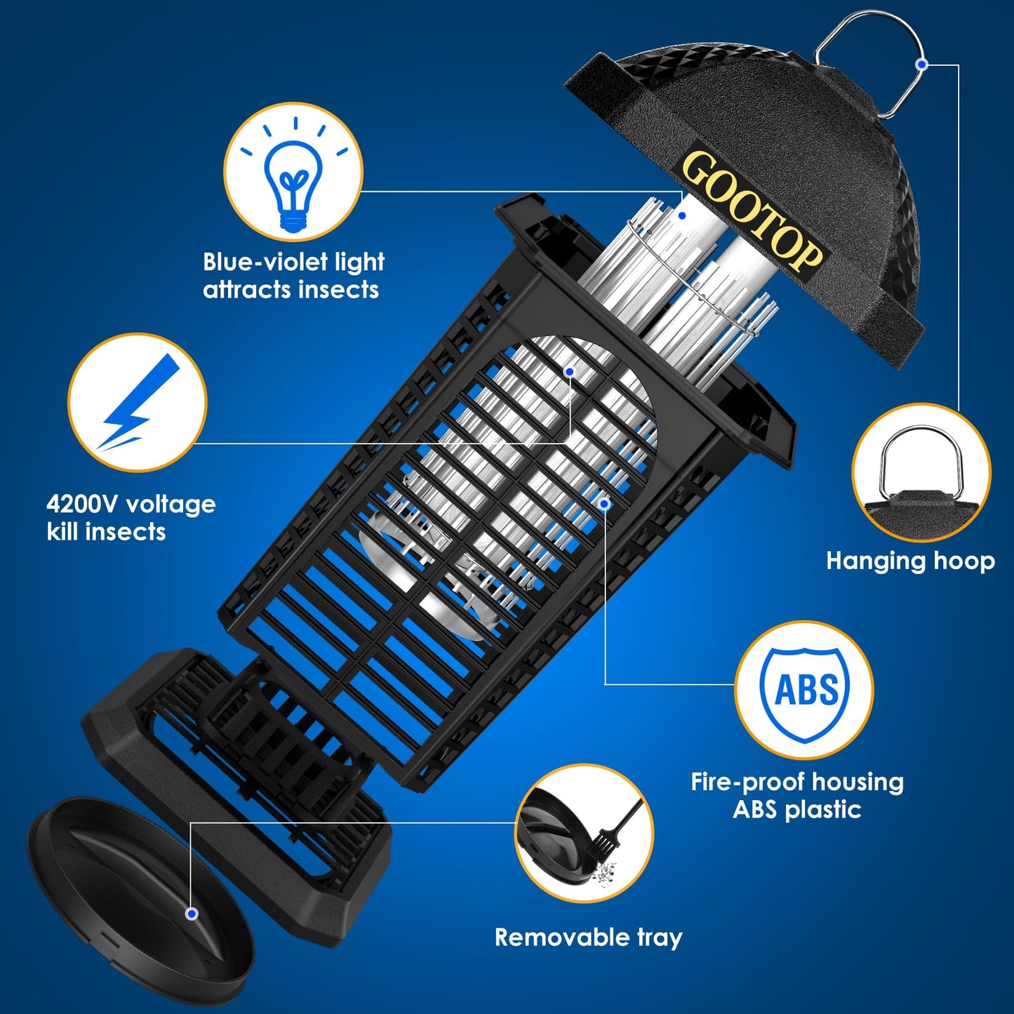 Bug Zapper Indoor Outdoor, 4200V Electric Mosquito Zapper, Bug Zapper Outdoor, Fly Traps, Fly Zapper, Mosquito Killer Indoor 3 Prong Plug, 90-130V, ABS Plastic Outer
